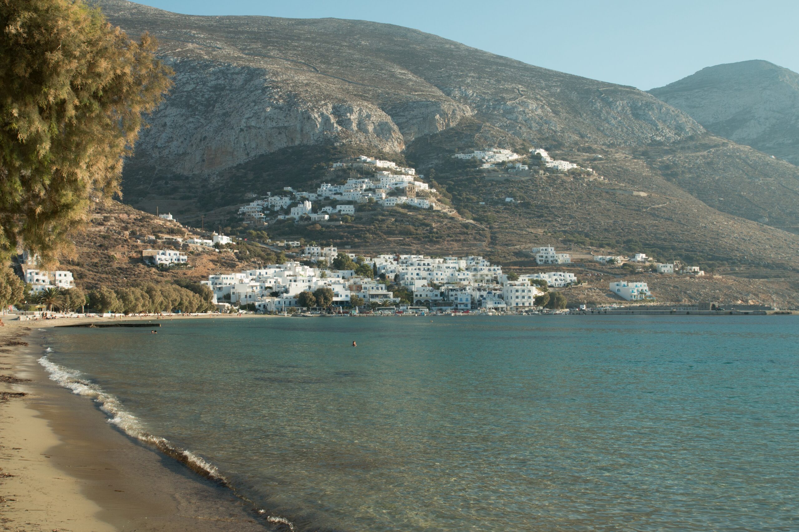 Aegiali beach in Amorgos, Cyclades, featuring sandy shore and calm waters