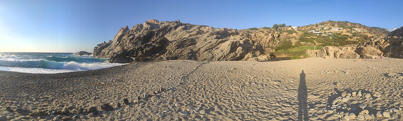 Nas Beach on Ikaria — a sheltered cove where a river meets the Aegean Sea