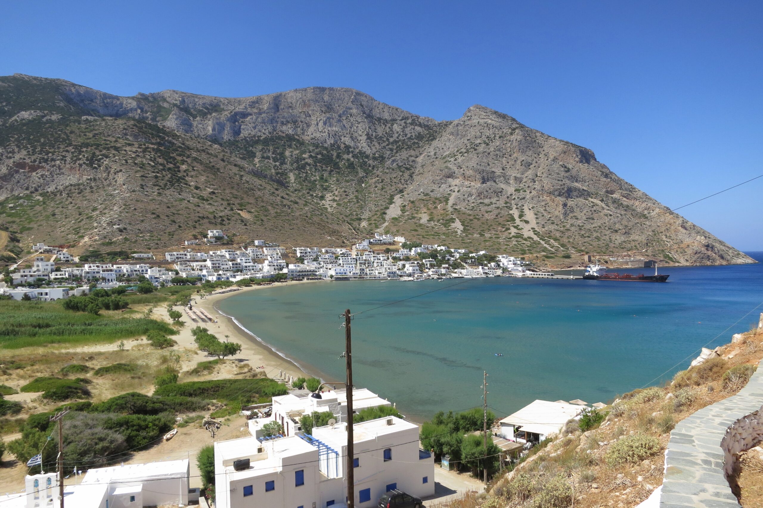 Panoramic view of Kamares bay and village from above, Sifnos island, Cyclades, Greece