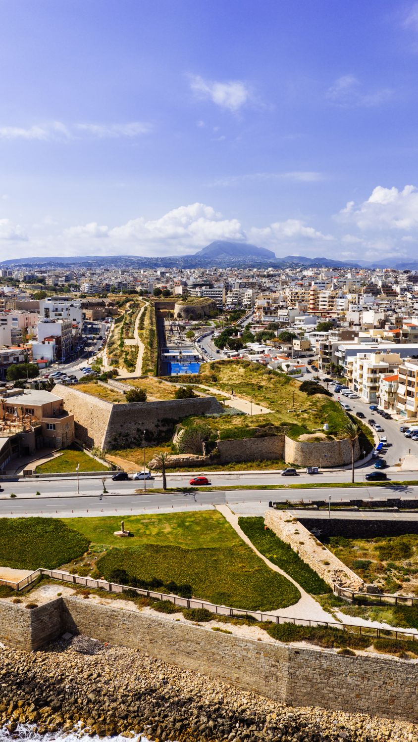 Aerial view of Venetian fortification walls surrounding Heraklion old town in Crete Greece