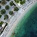 Aerial view of an organised beach with sun umbrellas and pine trees on Alonissos