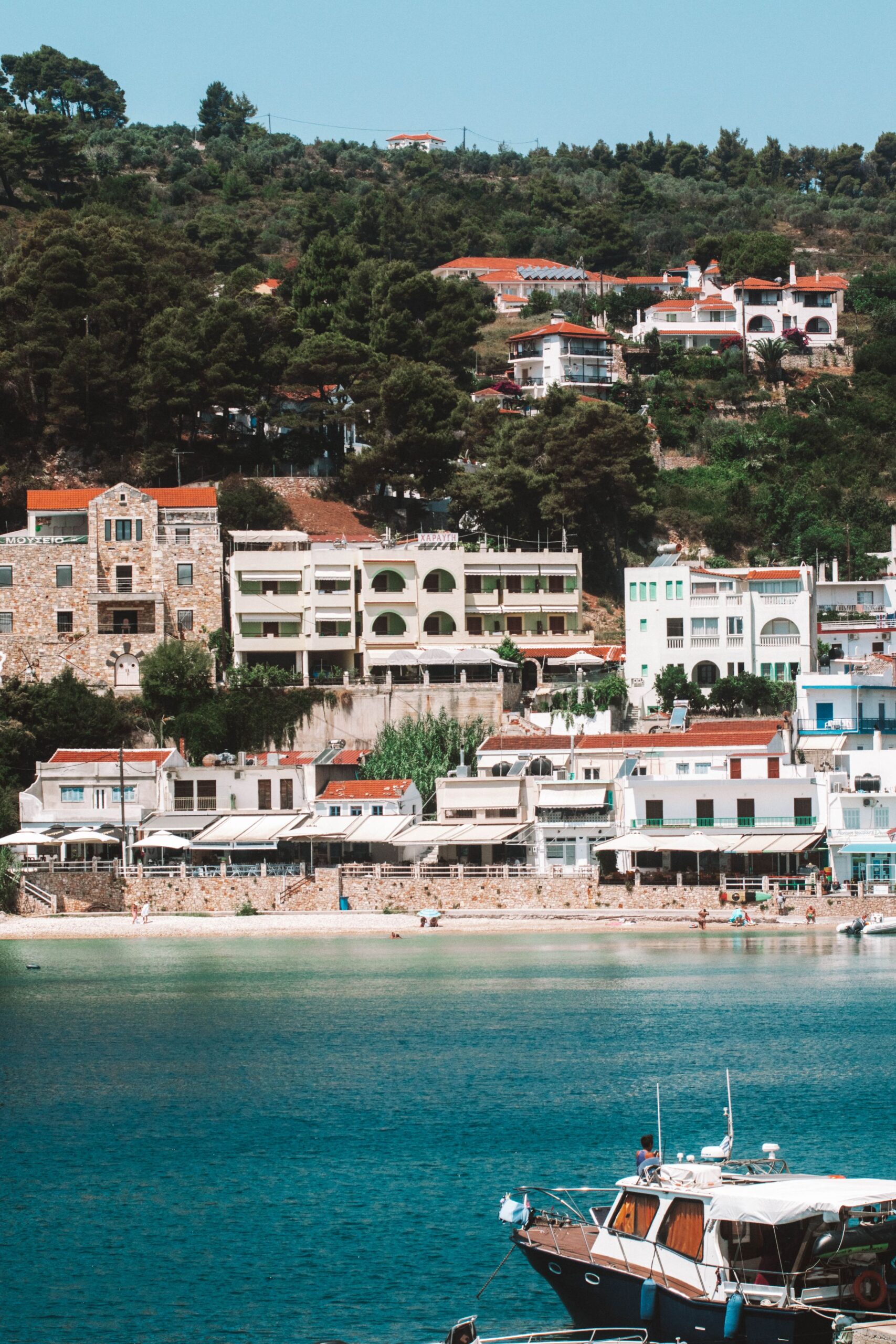 Waterfront buildings and fishing boats in Patitiri harbour on Alonissos island