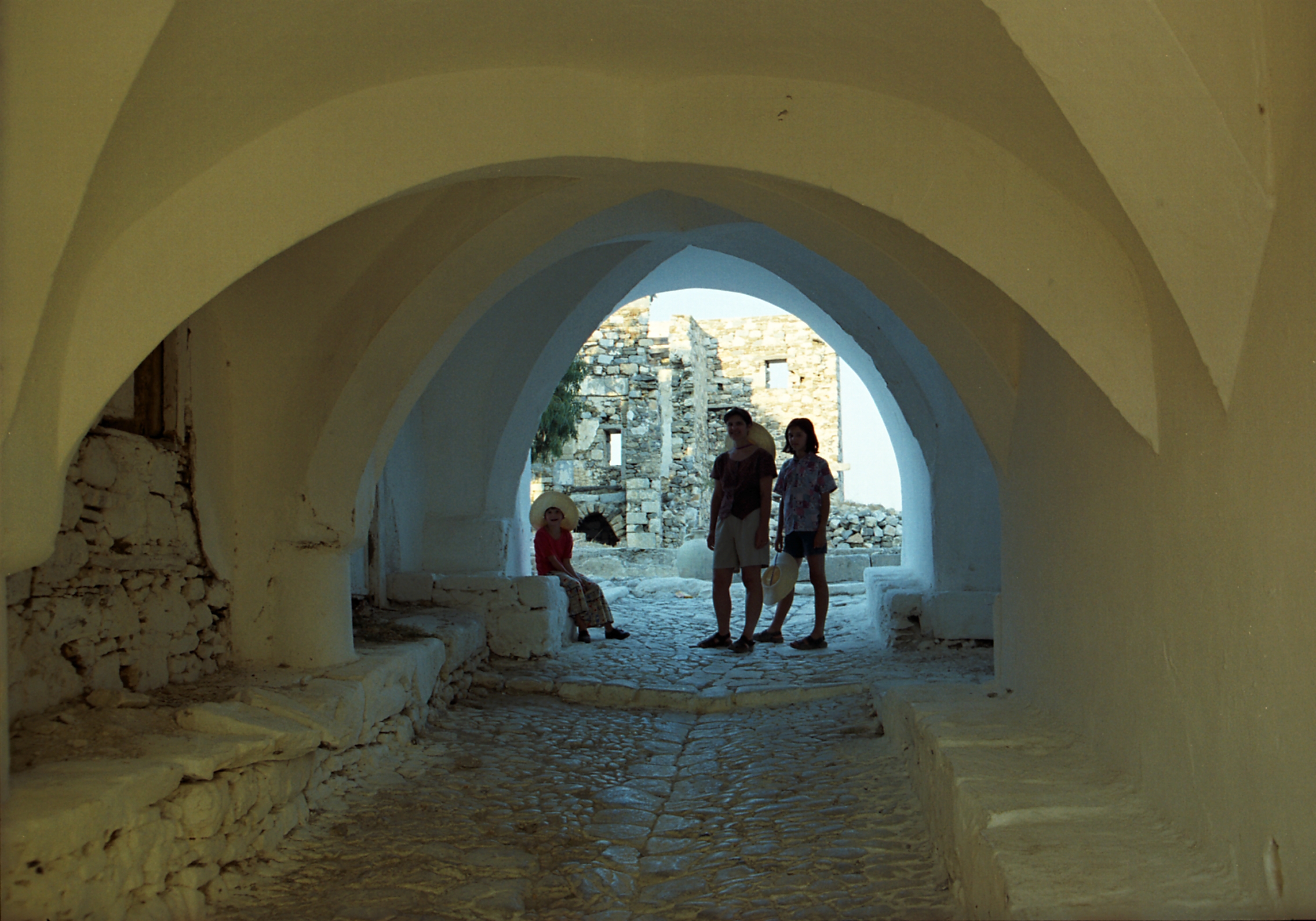 Stone walls and passage inside the castle of Chora, Astypalaia