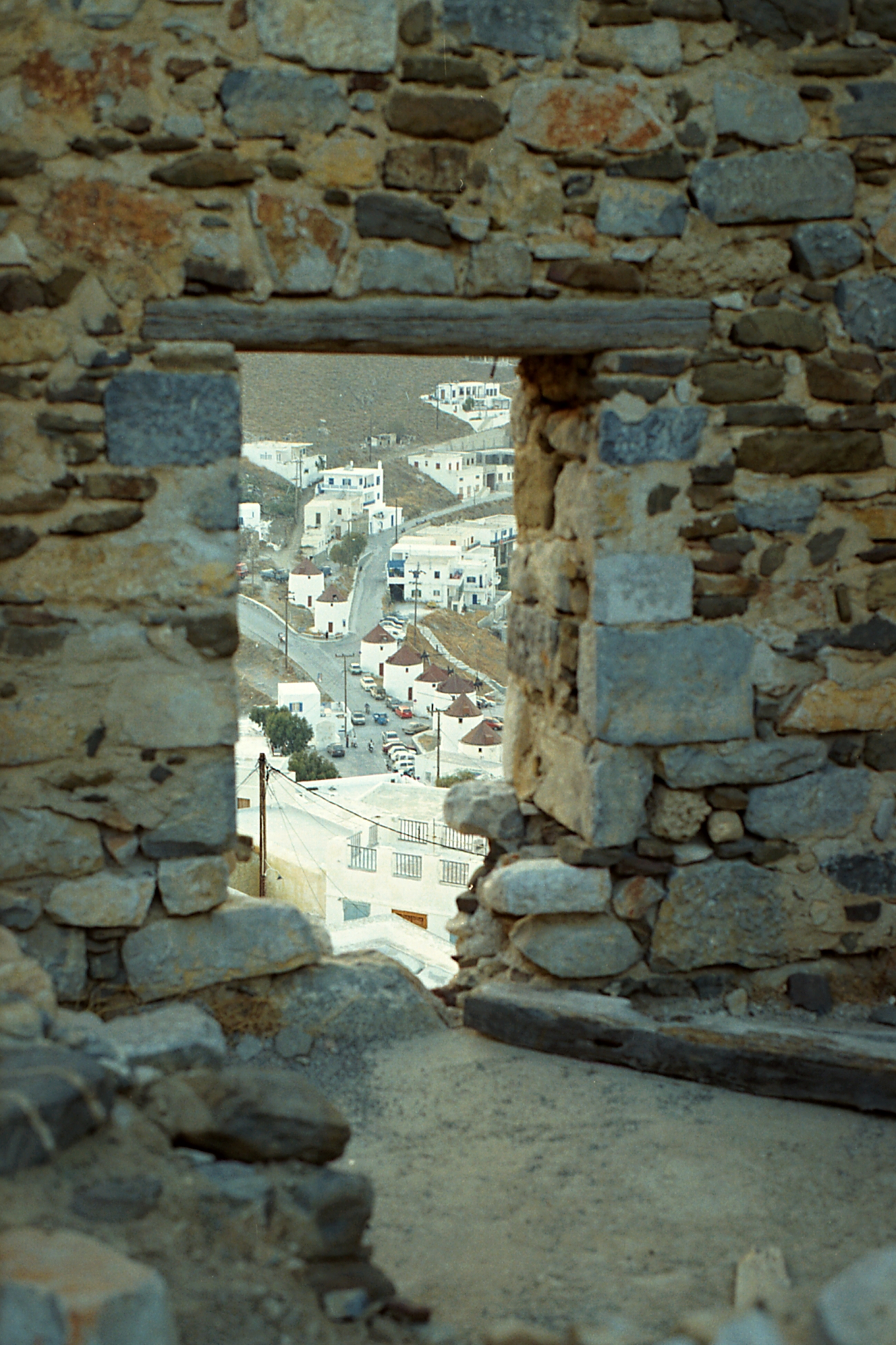 Windmills seen from the castle in Chora, Astypalaia