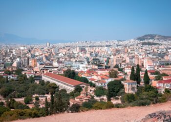 Aerial view of Athens with the Acropolis and Parthenon rising above the city
