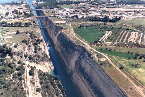 The Corinth Canal cutting through the Isthmus of Corinth