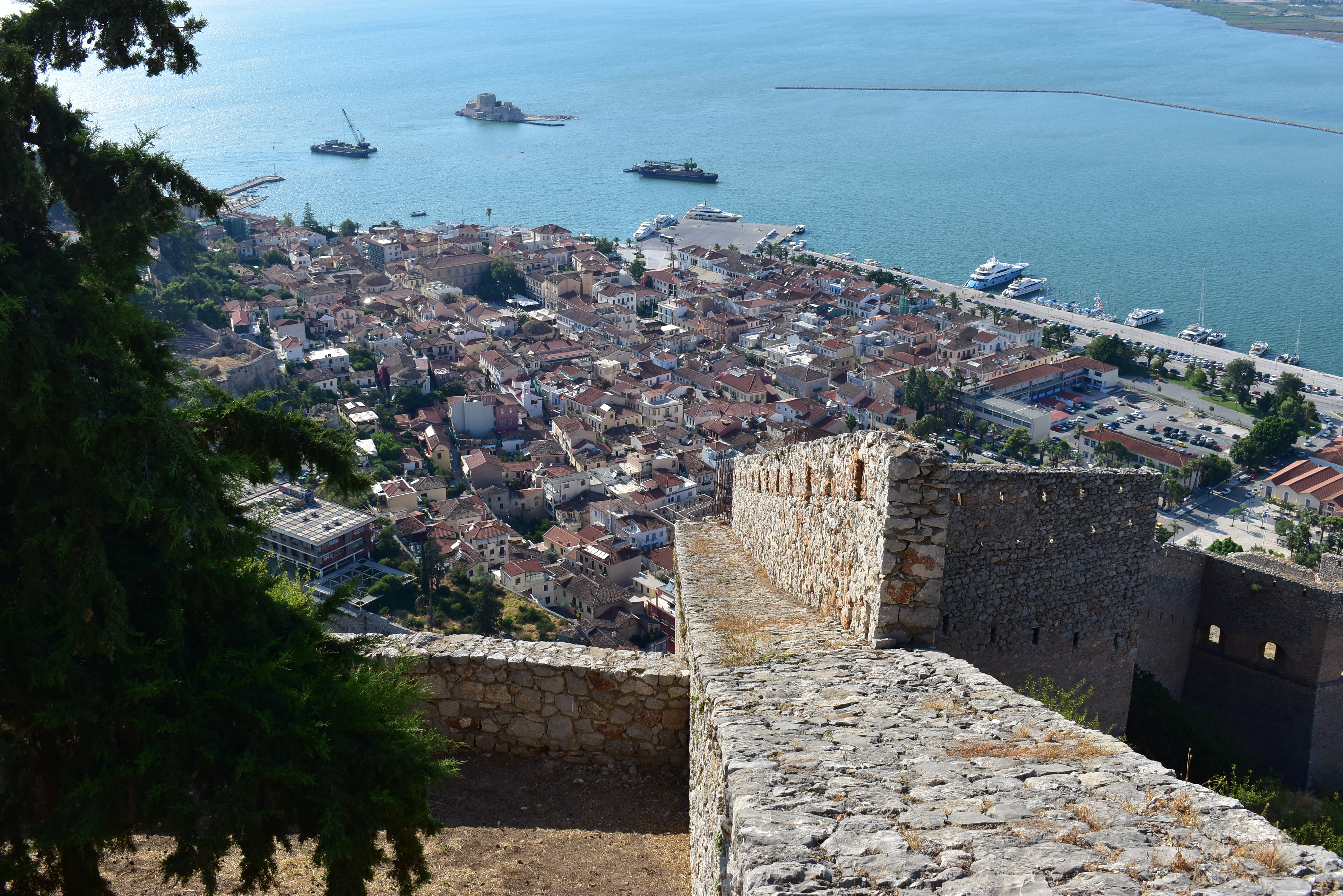 Nafplio and the Bourtzi fortress viewed from Palamidi Castle