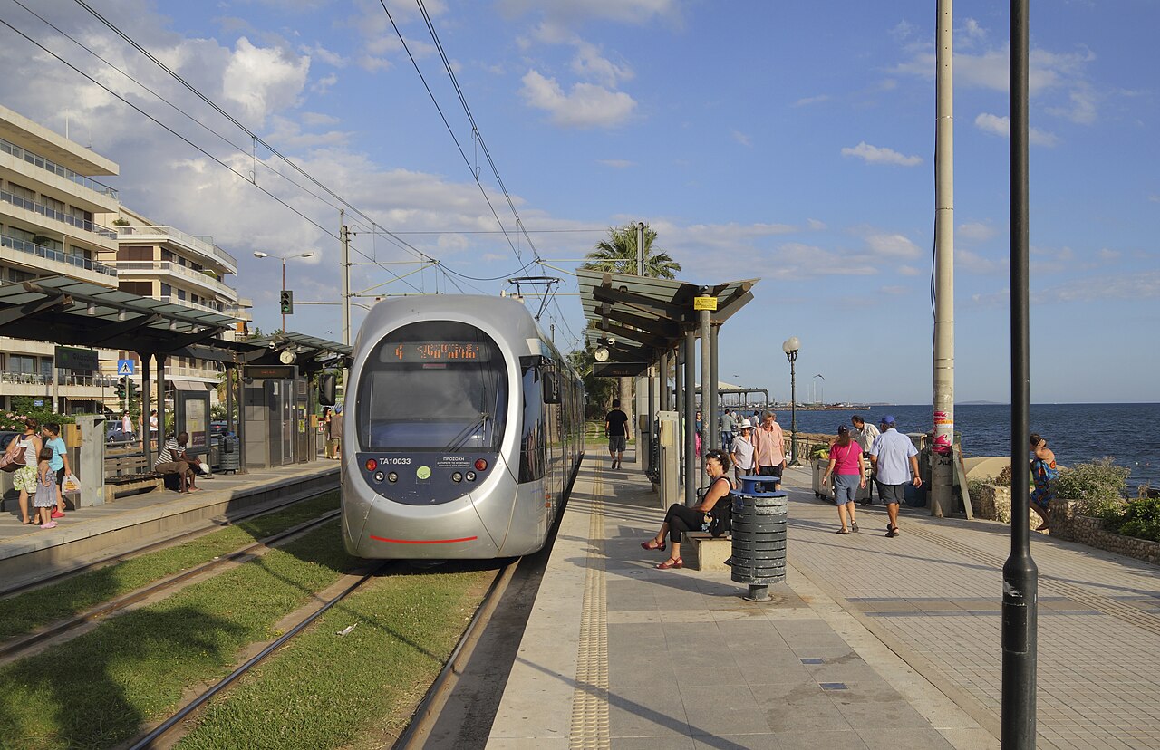 Athens tram at the Flisvos stop in Paleo Faliro
