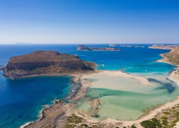 Aerial view of Balos Lagoon, sandy shallows and the Gramvousa peninsula in western Crete.