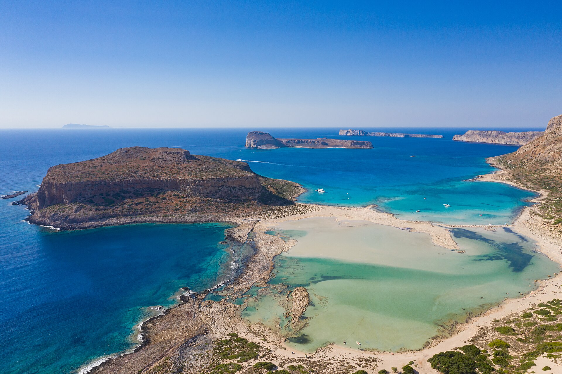 Aerial view of Balos Lagoon, sandy shallows and the Gramvousa peninsula in western Crete.