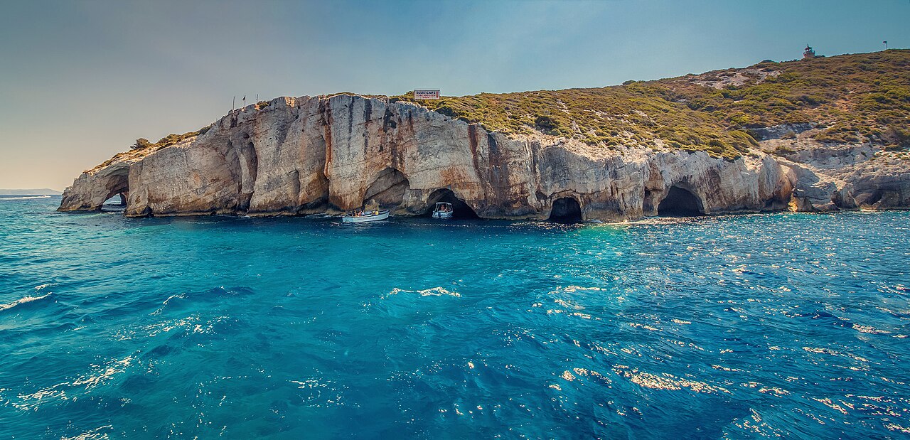 Luminous blue sea caves at Zakynthos with vivid turquoise water
