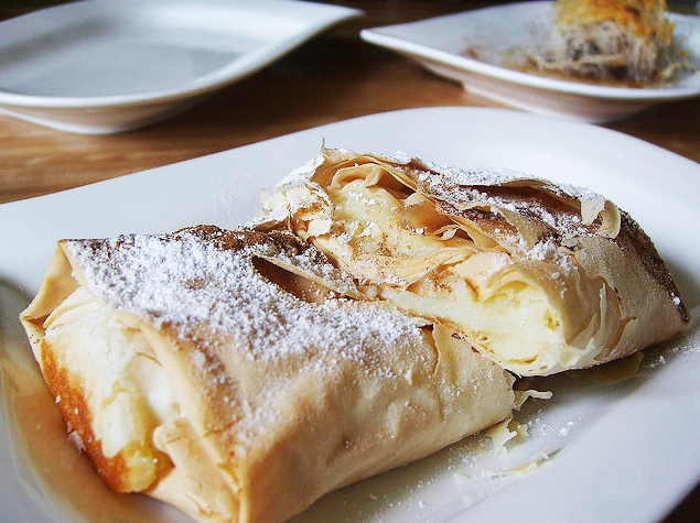 Bougatsa, a custard-filled phyllo pastry associated with Thessaloniki