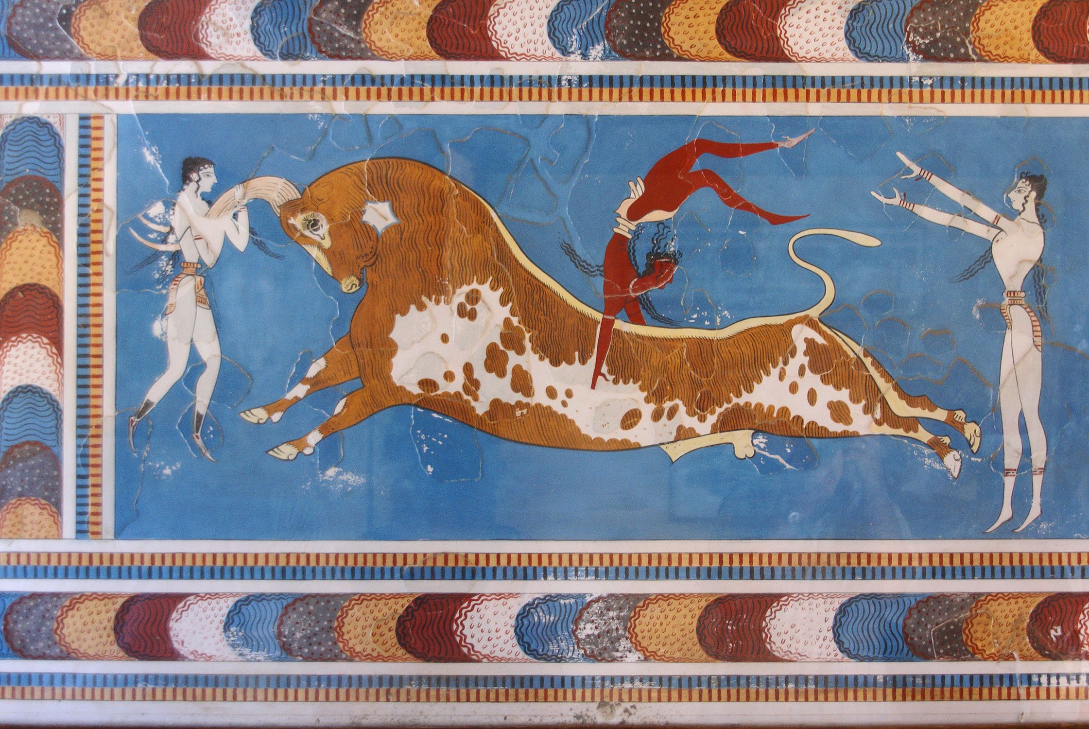 Minoan bull-leaping fresco from the Palace of Knossos displayed at Heraklion Archaeological Museum