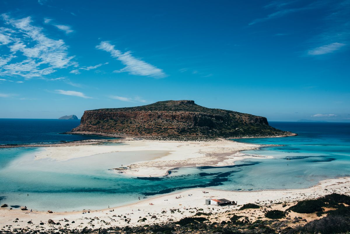 Aerial view of Balos Beach Lagoon in Crete showing turquoise shallow waters, white sand, and the Gramvousa peninsula