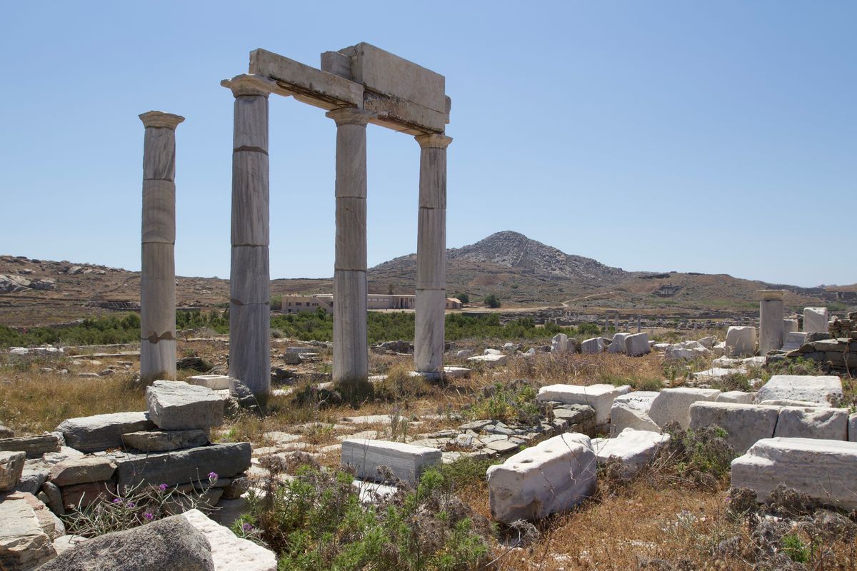 Ancient ruins and archaeological remains on the island of Delos near Mykonos