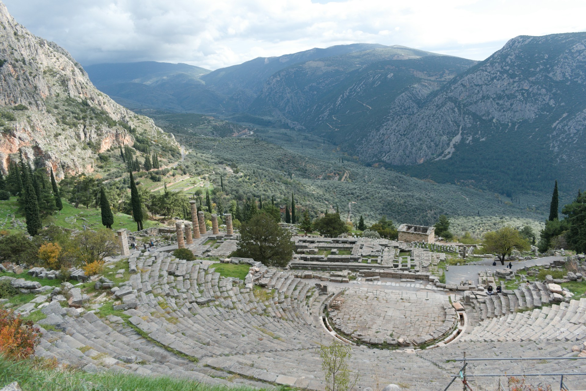 Overview of the Delphi archaeological site and surrounding valley from above, Central Greece