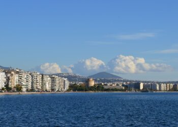 Thessaloniki waterfront with the White Tower and city skyline along the Thermaic Gulf
