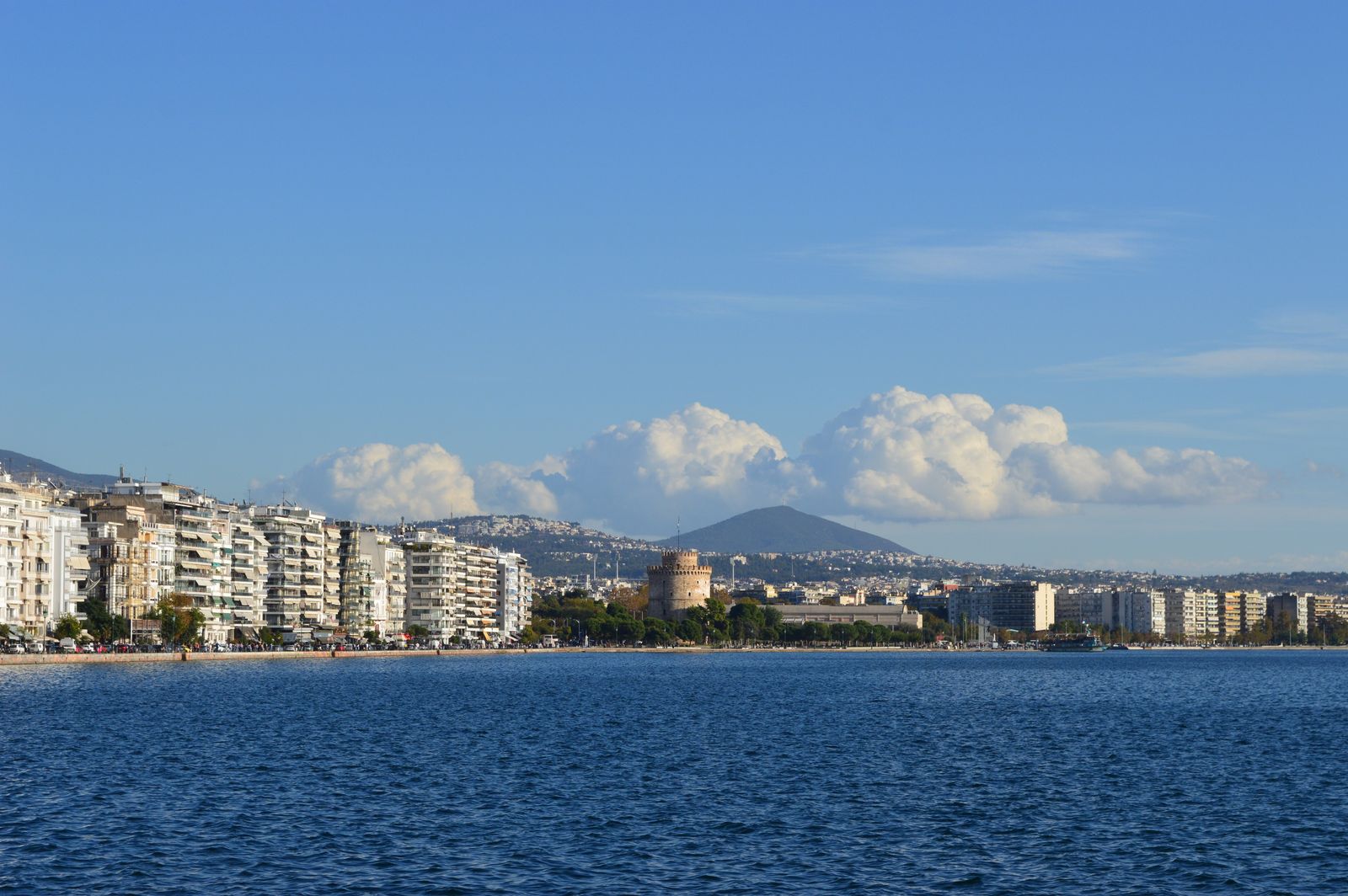 Thessaloniki waterfront with the White Tower and city skyline along the Thermaic Gulf