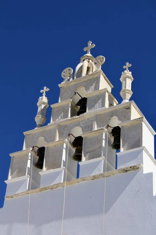 White marble bell tower of Panagia Filotissia church in Filoti village, Naxos