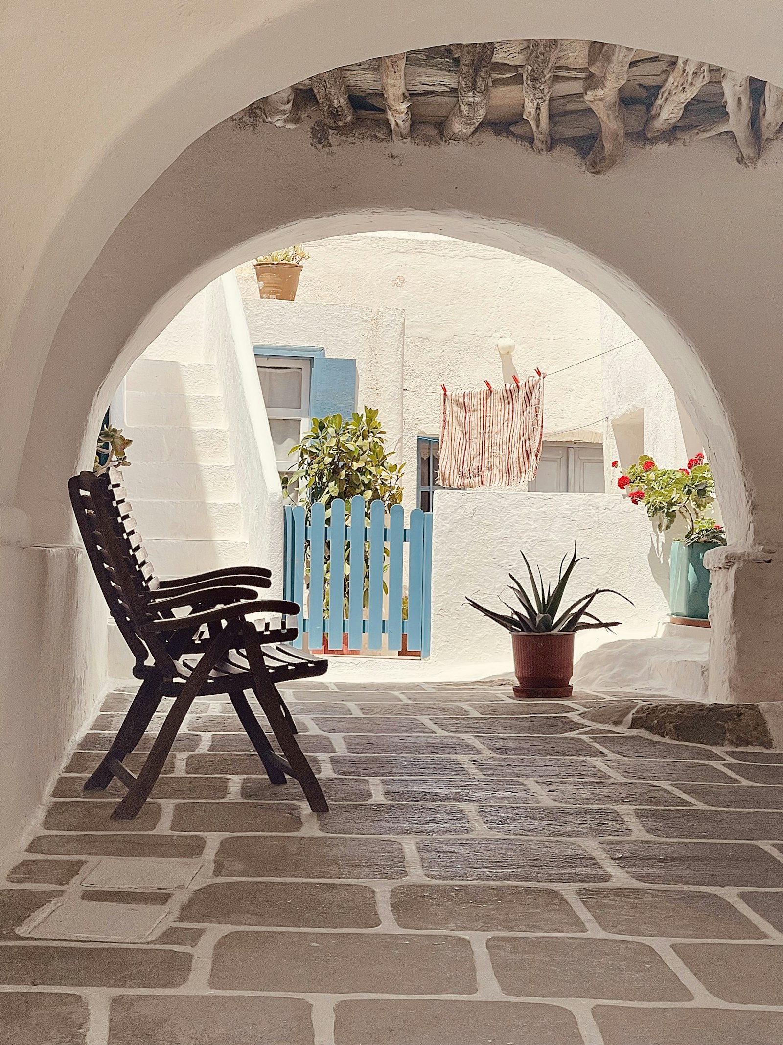 Traditional street scene in Chora Folegandros with potted plants and Cycladic architecture