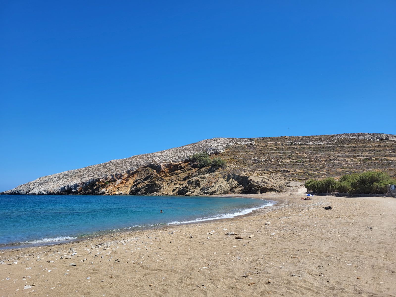 Beach at Karavostasis port village Folegandros with turquoise water and rugged cliffs