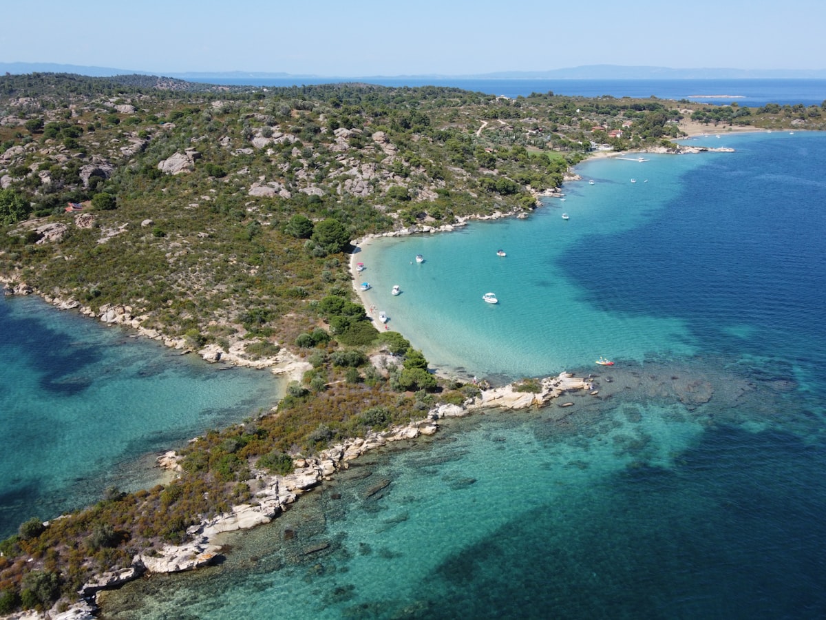 Aerial view of Vourvourou bay and small islands in Sithonia Halkidiki Greece