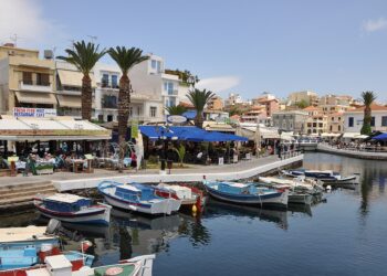 Agios Nikolaos town and Lake Voulismeni in Crete.