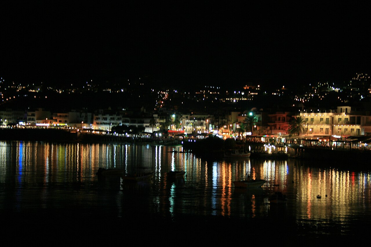 Hersonissos harbour at night in Crete