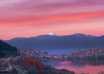 Kastoria and Lake Orestiada at golden hour, the peninsula town in Western Macedonia Greece