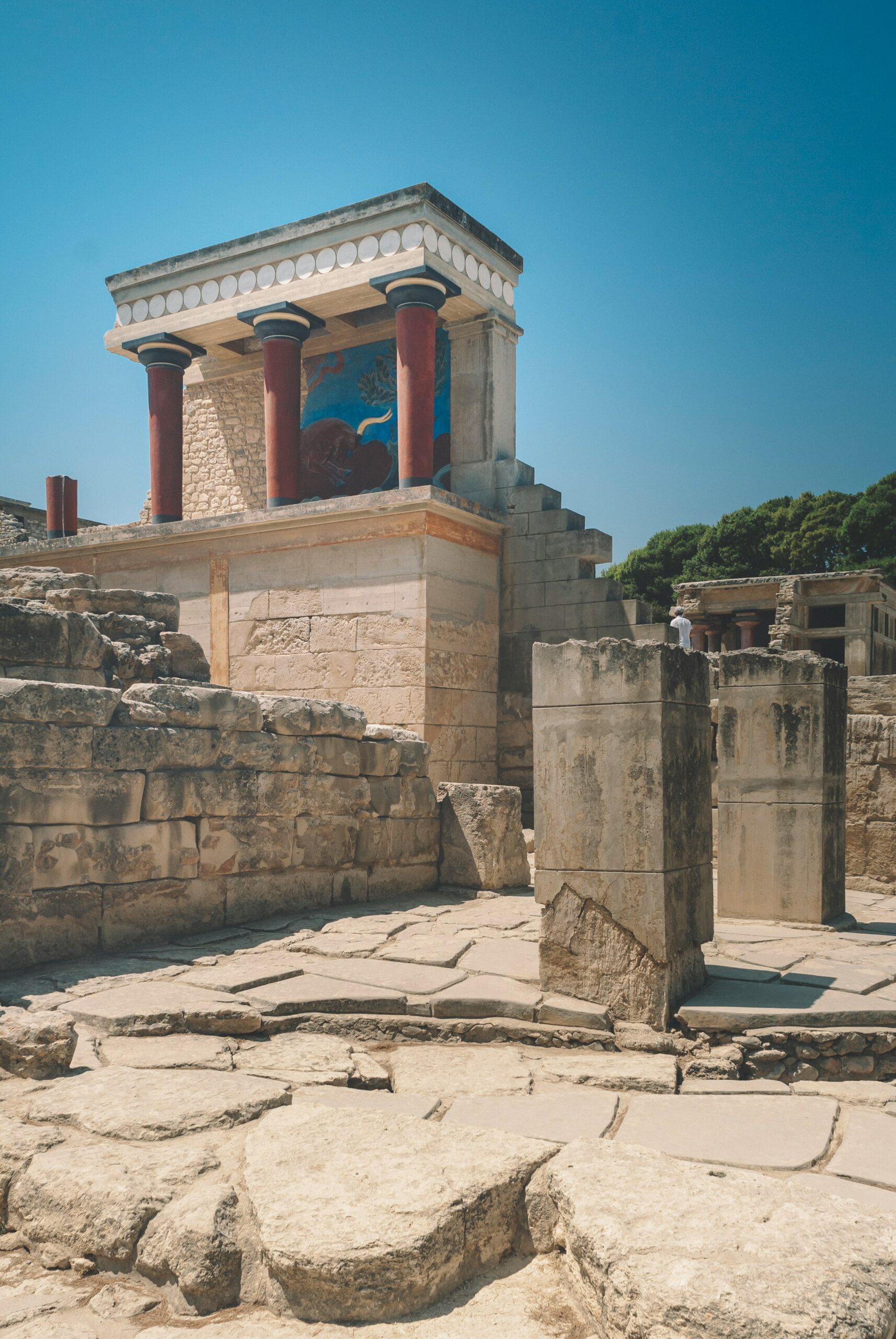 Reconstructed North Entrance of the Palace of Knossos with charging bull relief fresco in Crete