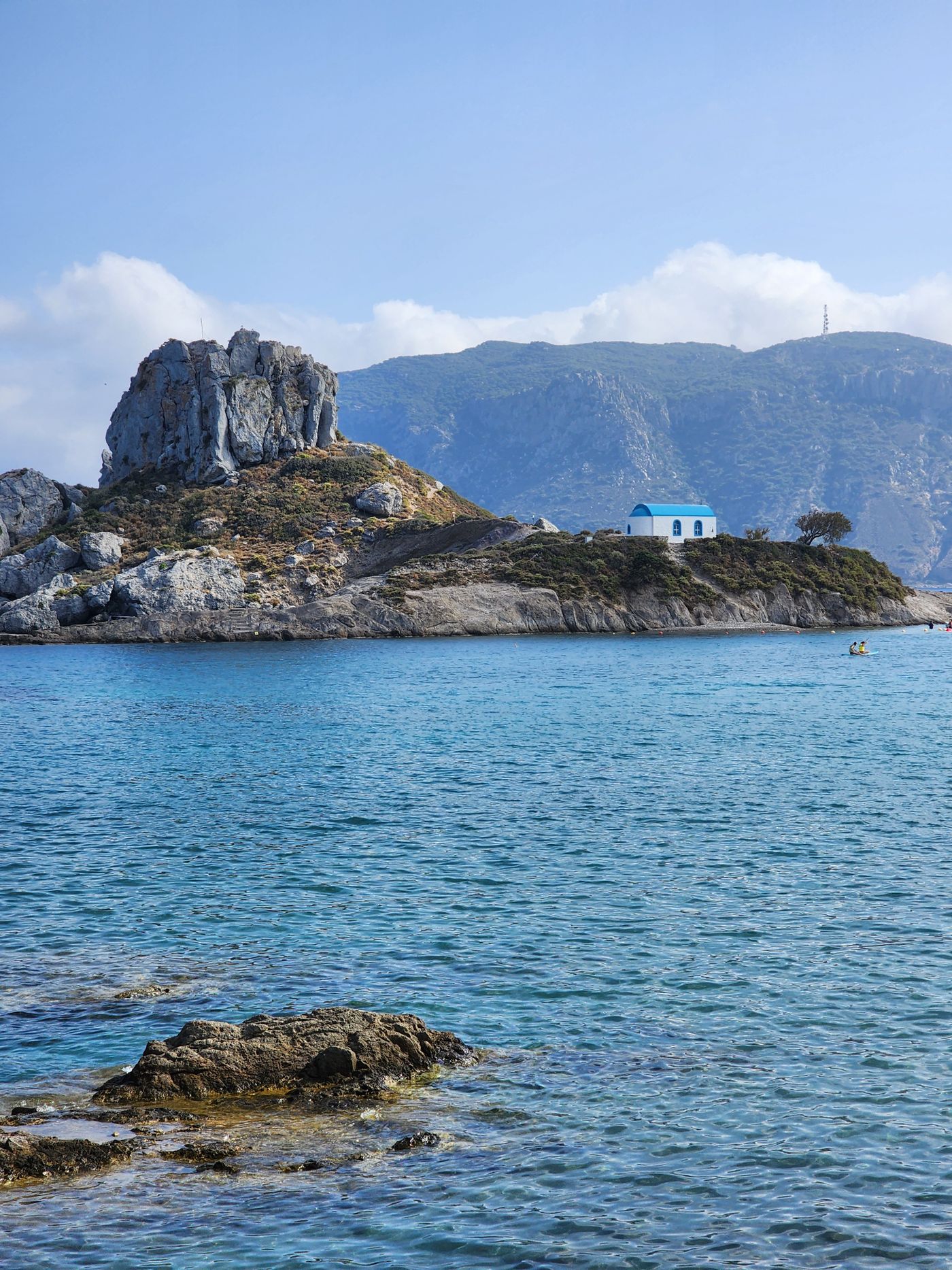 The Kastri islet with its small chapel seen from Agios Stefanos beach on the Kefalos coast of Kos