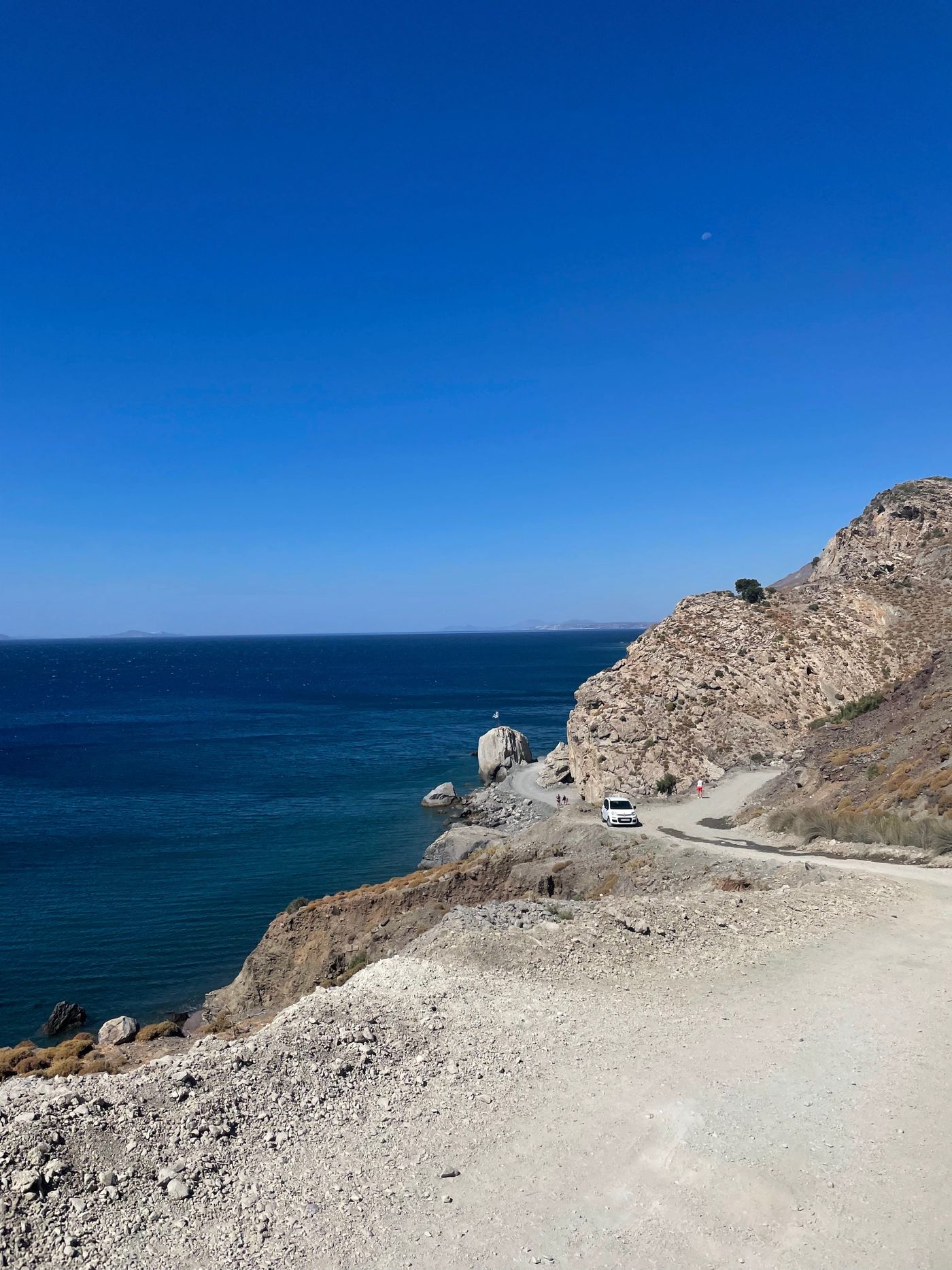 Coastal road winding along the cliffs of southern Kos with deep blue Aegean waters below