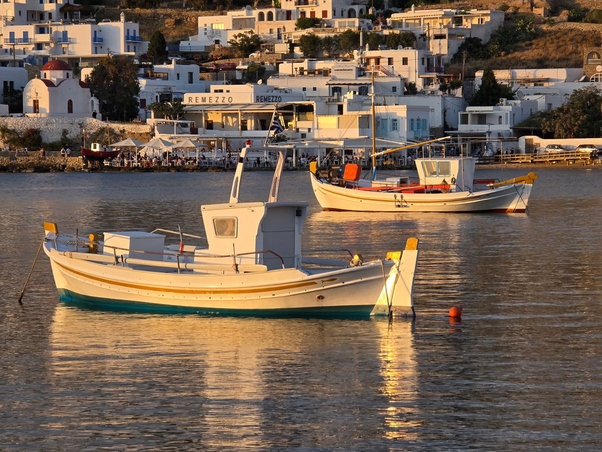 Colourful traditional Greek fishing boats moored in a harbour on Lesvos
