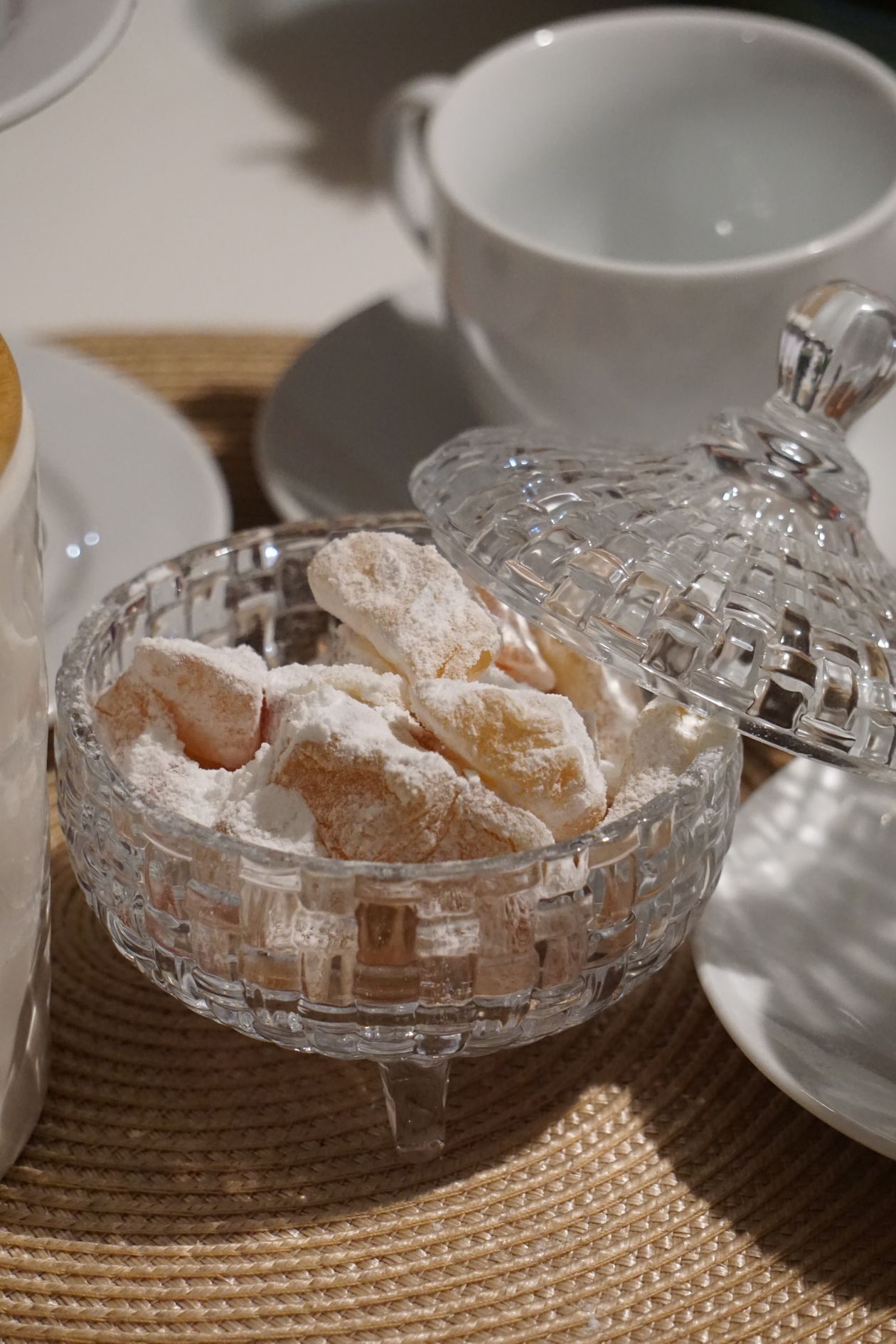 Loukoumi, the traditional rose-flavoured Turkish delight of Syros, served in a crystal bowl