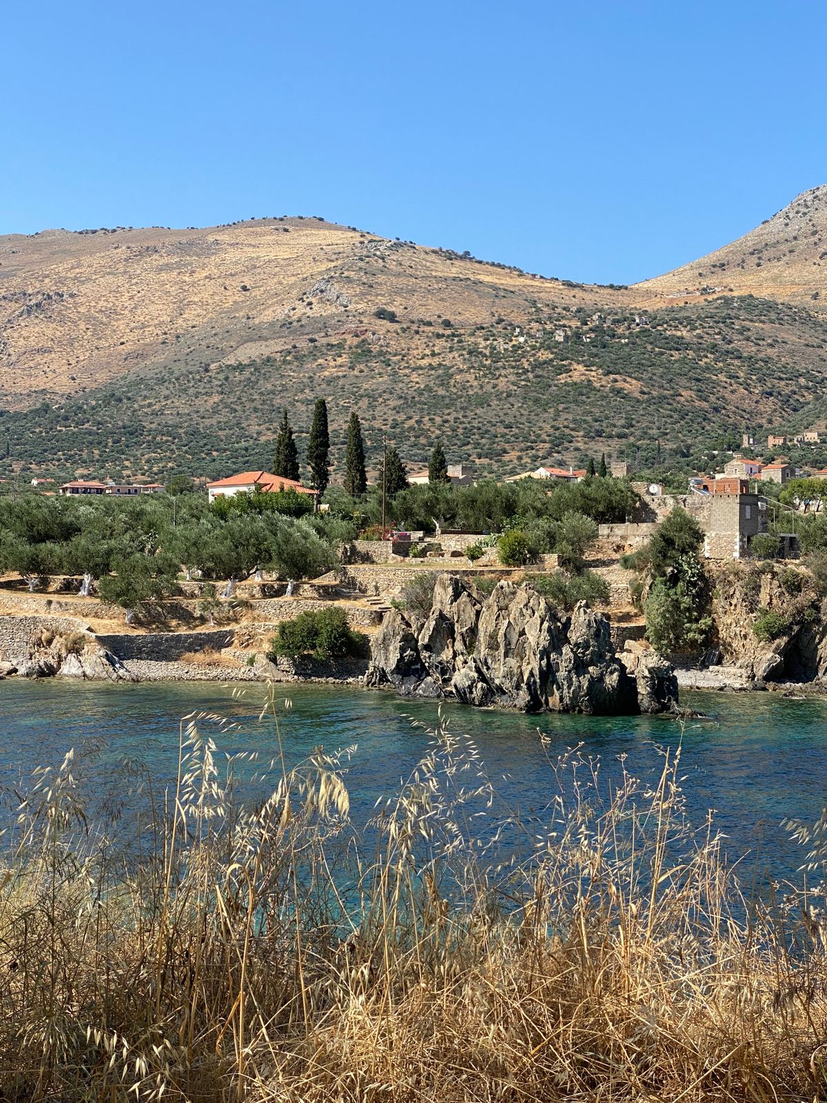 Rocky coastline of the Mani Peninsula with Mediterranean scrub and clear blue sea under bright sky