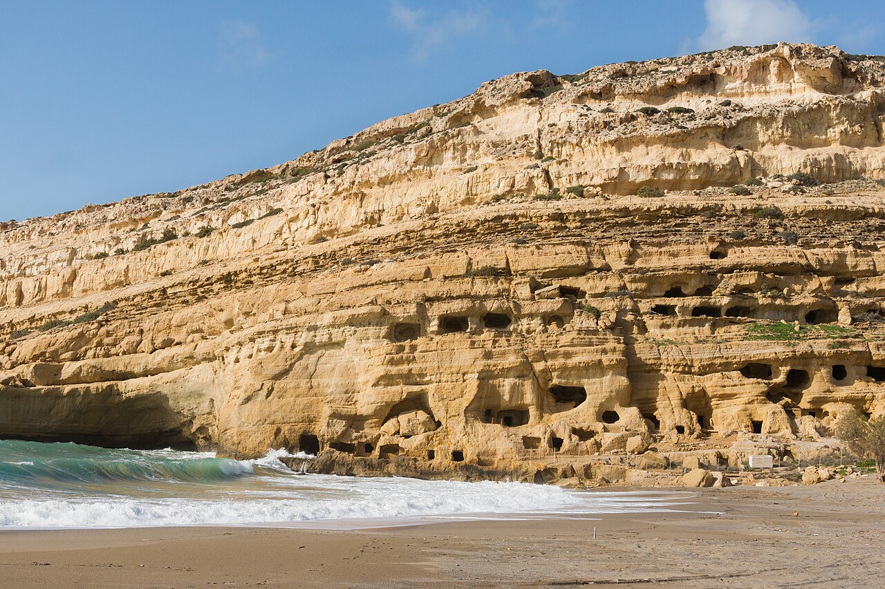 Matala beach and the rock-cut caves on Crete’s south coast