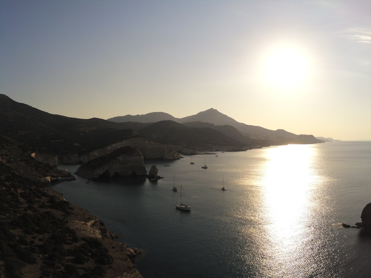 Aerial view of the dramatic sea caves and rock formations at Kleftiko on the southwest coast of Milos