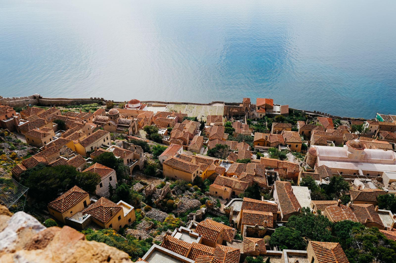 Aerial view of Monemvasia fortress town on its rocky peninsula in the southern Peloponnese, Greece