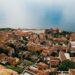 Aerial view of Monemvasia fortress rock connected to the Peloponnese mainland by a causeway