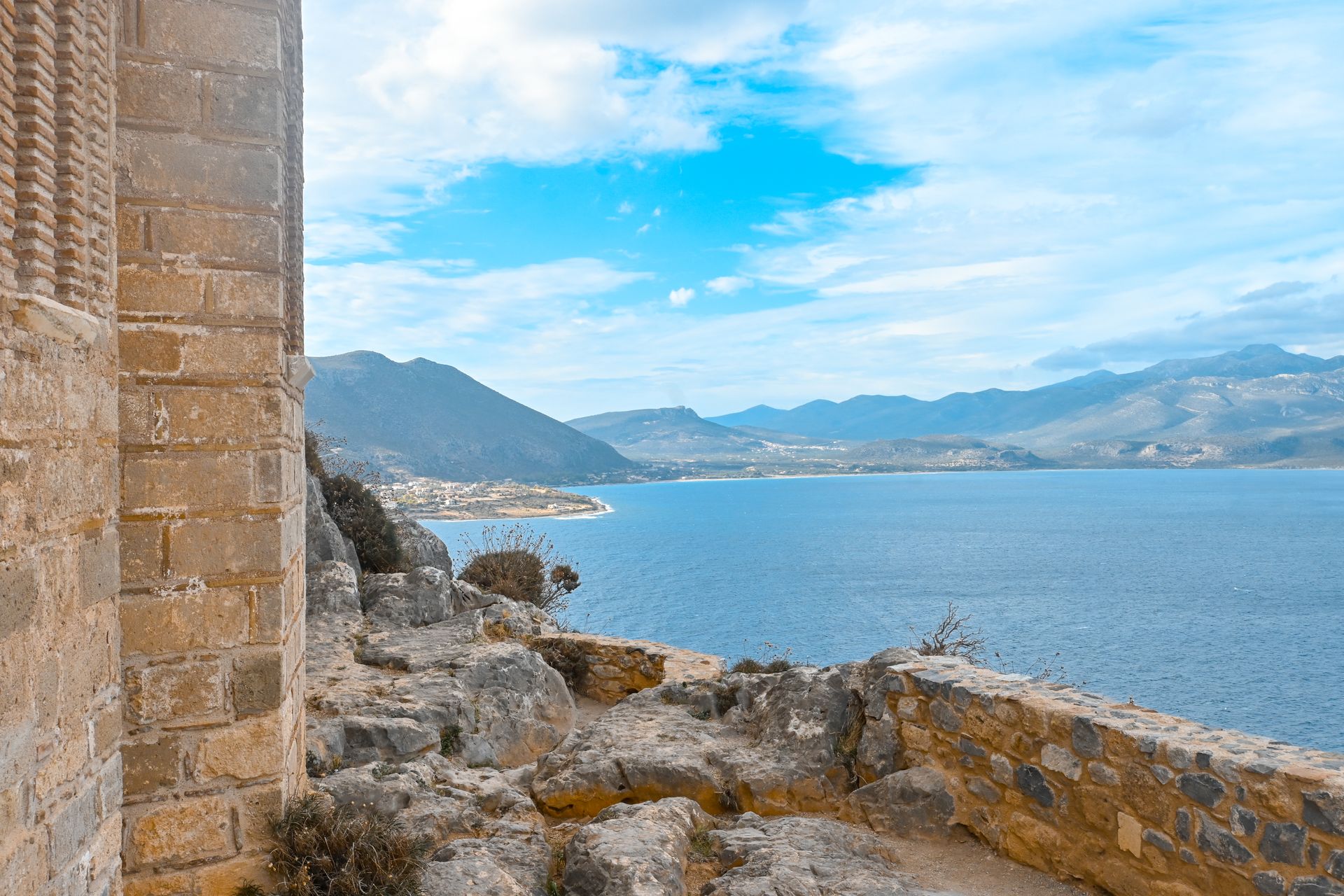 Monemvasia coastline with deep blue waters and mountains of the Laconian coast