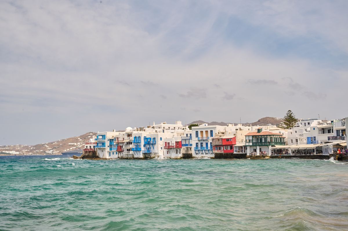 Little Venice waterfront houses with balconies overlooking the Aegean Sea in Mykonos