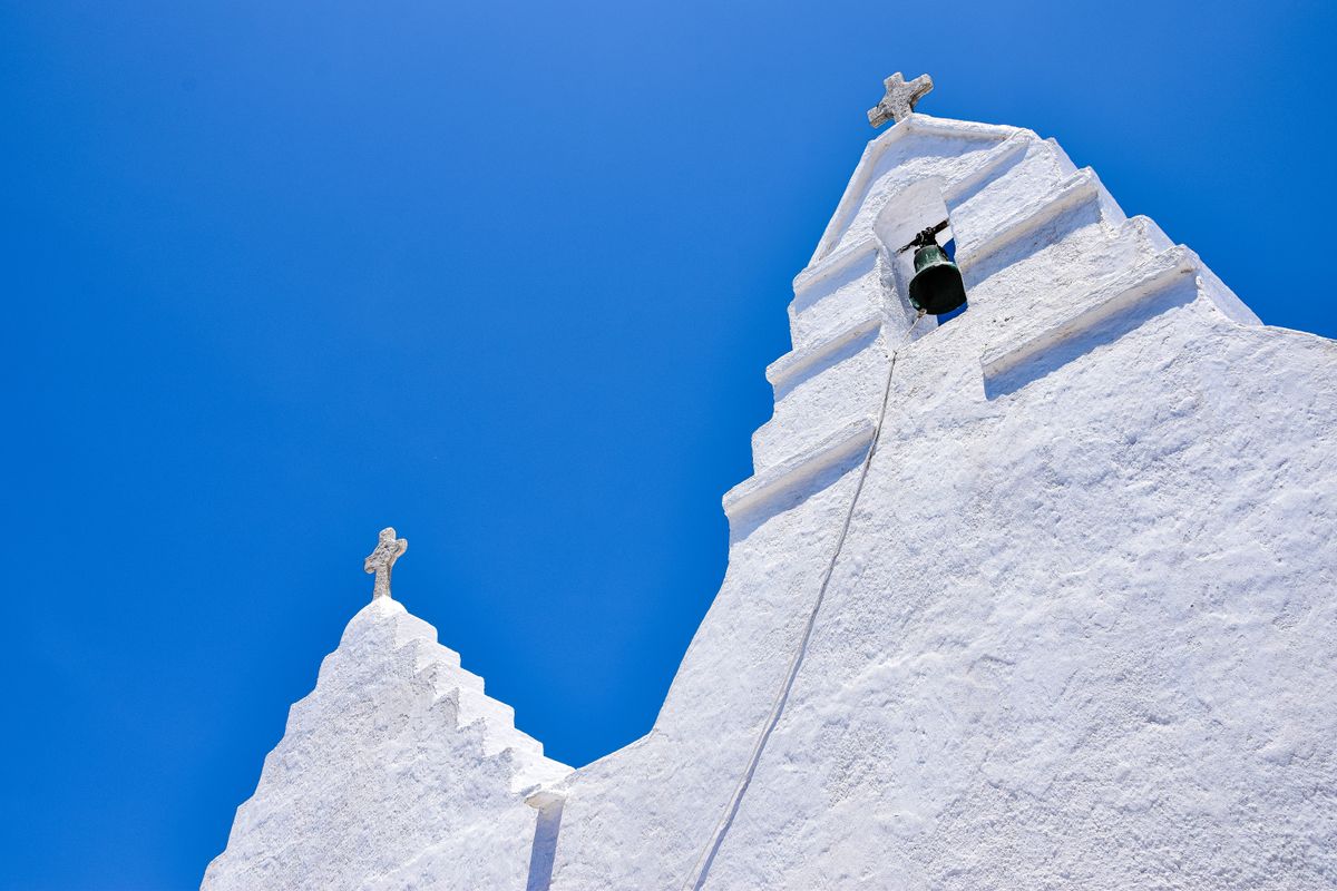 The whitewashed Church of Panagia Paraportiani in the Kastro quarter of Mykonos Town