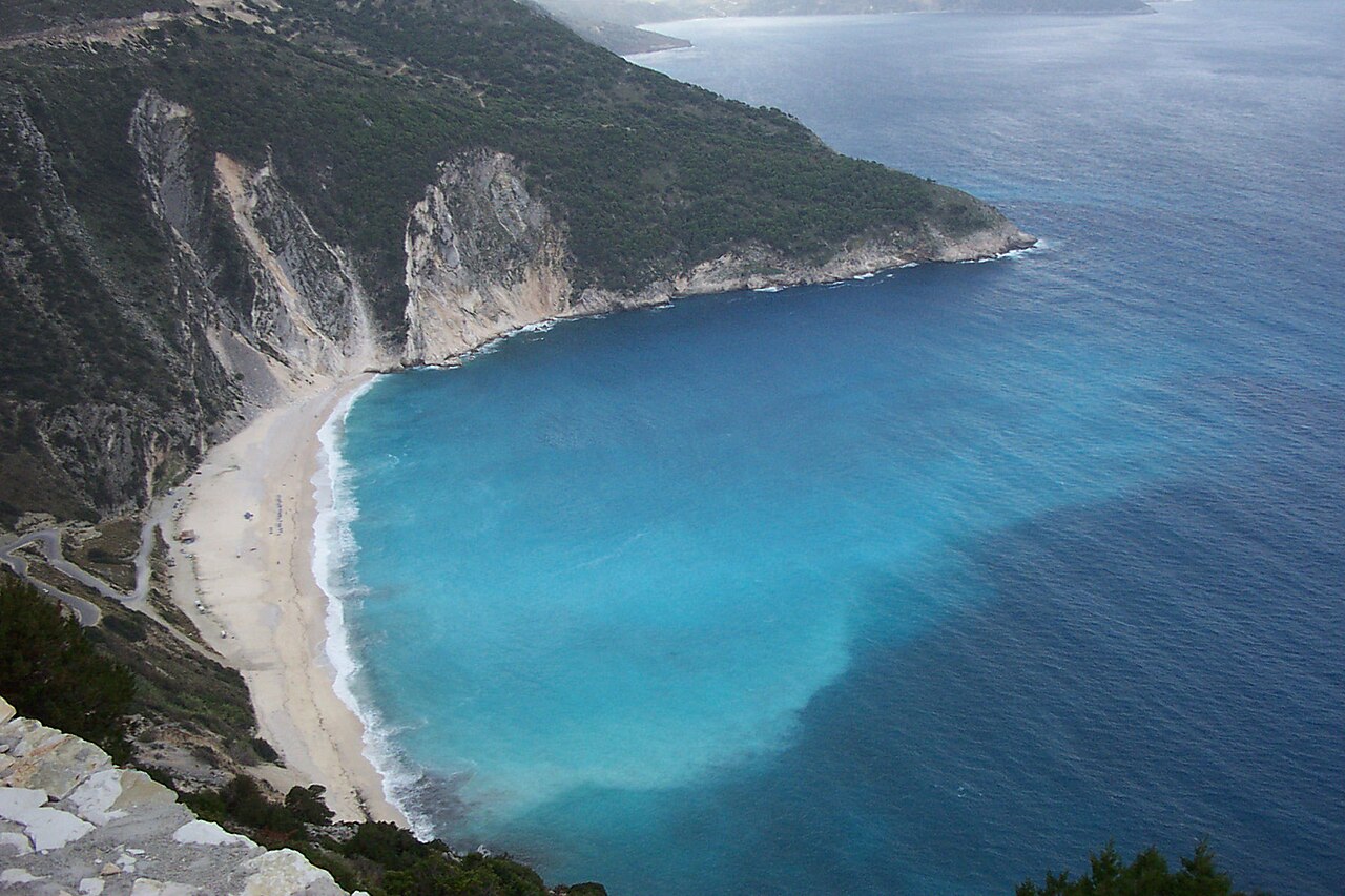Myrtos Beach Kefalonia with dramatic white cliffs and brilliant turquoise water