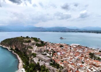 Aerial view of Nafplio from Palamidi Fortress showing the old town, Acronafplia peninsula, and the Argolic Gulf