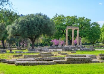 Ancient Olympia archaeological site ruins in the western Peloponnese Greece
