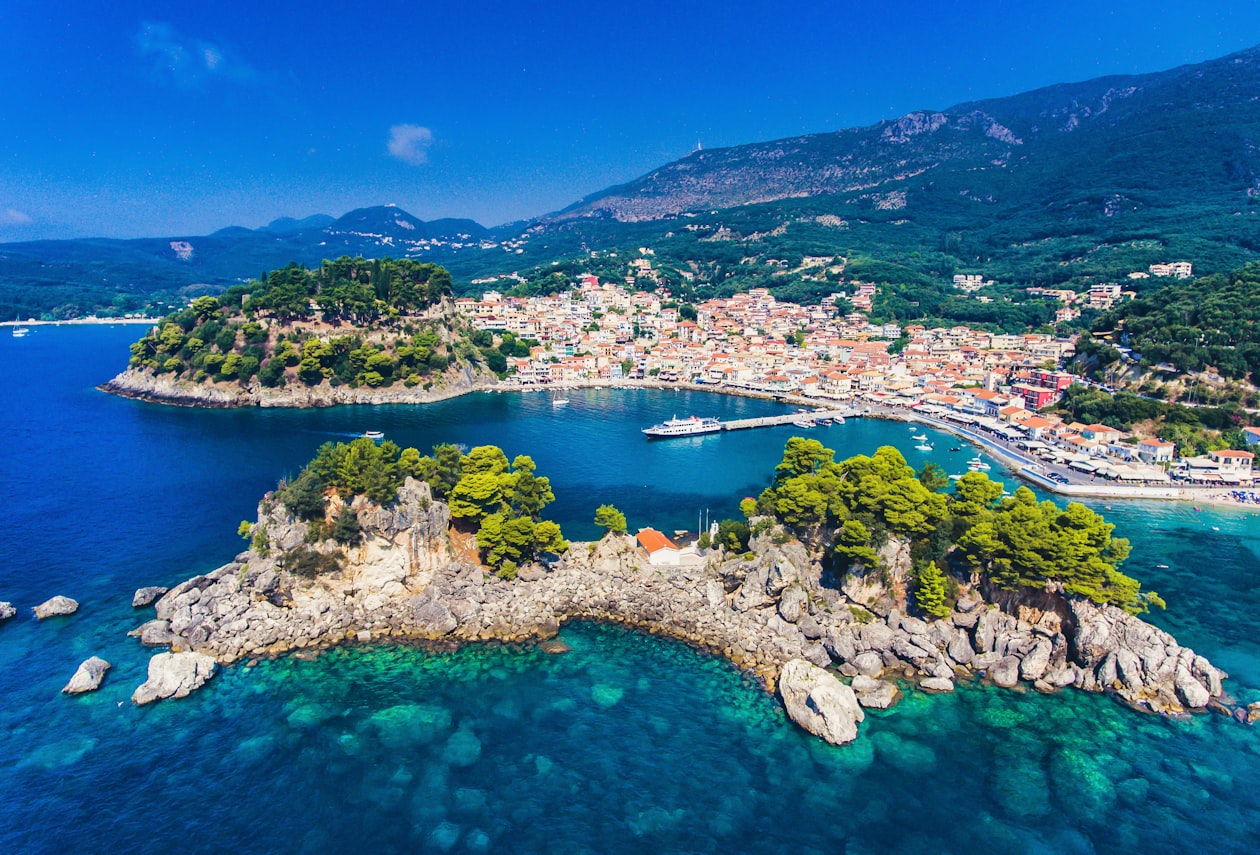 Aerial view of Parga town and Panagia Island with its church, Epirus, Greece