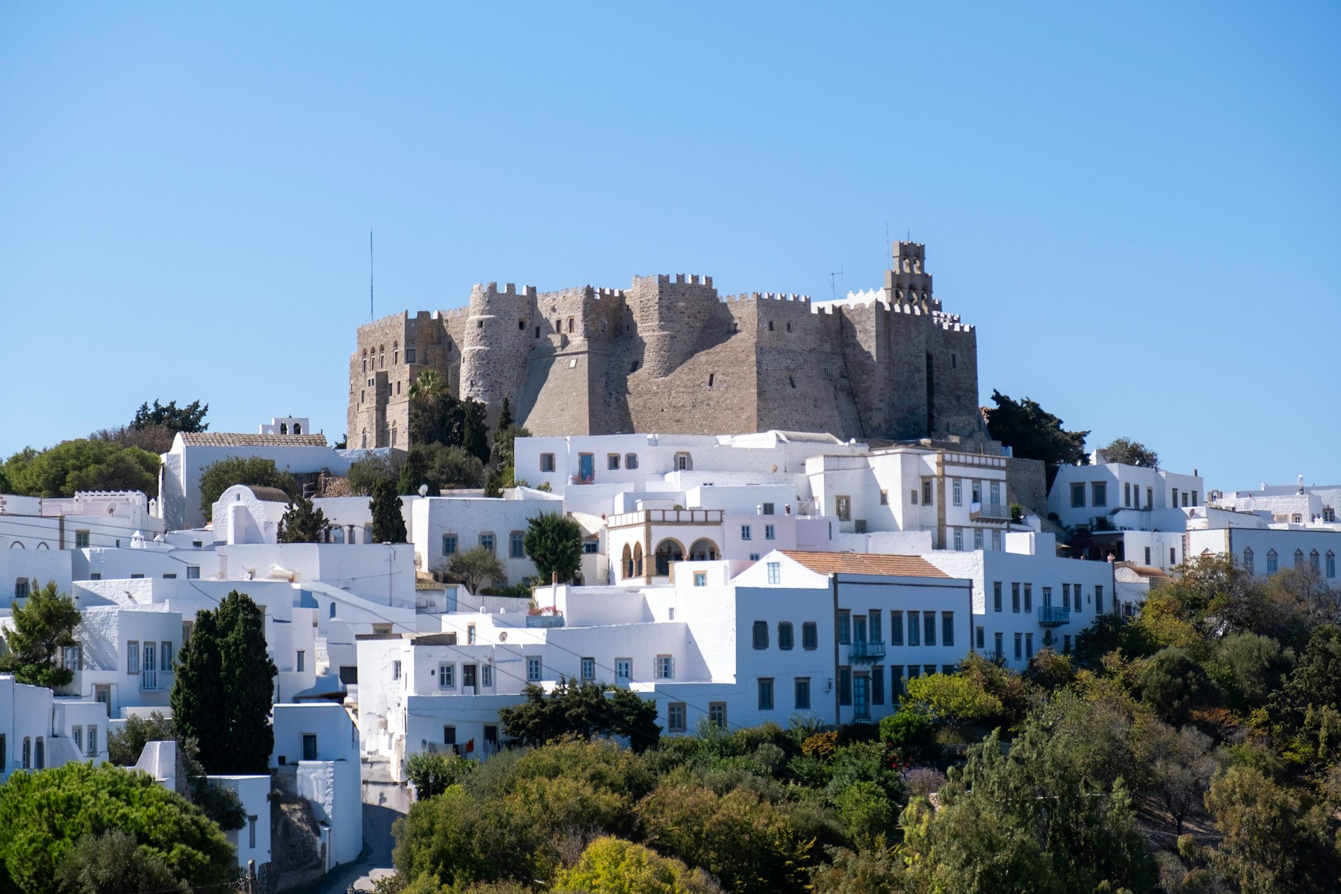 Monastery of Saint John the Theologian rising above Chora on Patmos island Greece