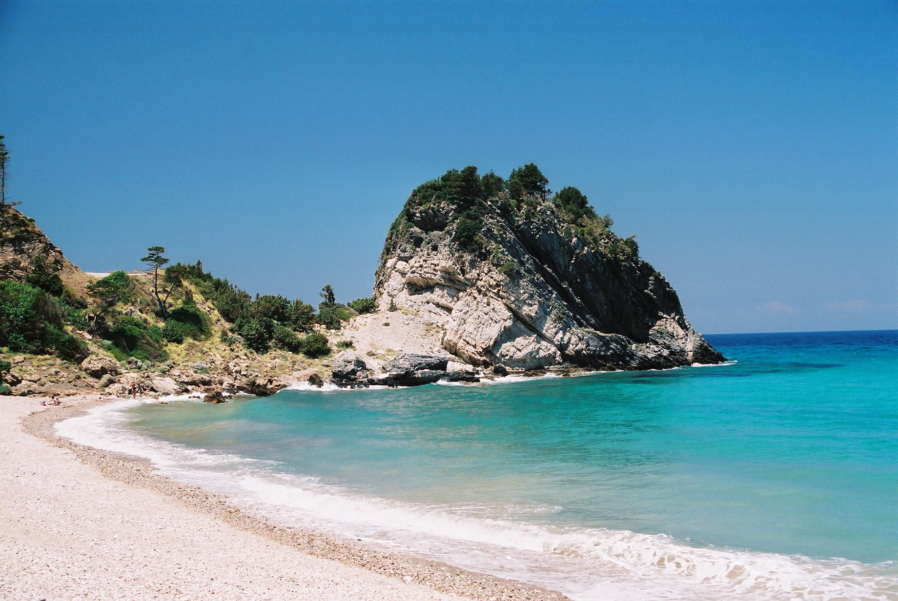 Rocky shoreline and sea at Potami Bay on Samos, Greece.