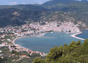Panoramic view of Skopelos town and harbour