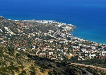 Aerial view of the coast at Stalida in Crete